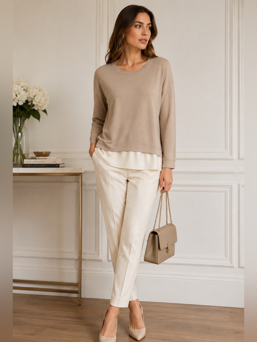 Peserico Italy Virgin Wool Silk Layered Sweater Taupe/Greige Monili Trim IT 38